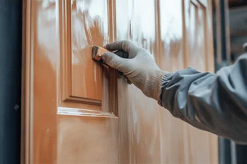 Proceso de lacado de una puerta de madera en taller especializado.